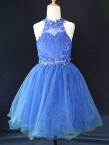 Beading and Lace Girls Pageant Dresses Blue Lace Up Sleeveless Mini Length