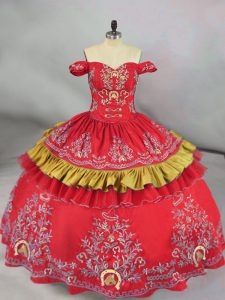 Low Price Embroidery Sweet 16 Dress Red Lace Up Sleeveless Floor Length