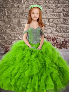 Off The Shoulder Sleeveless Tulle Little Girl Pageant Dress Beading and Ruffles Lace Up