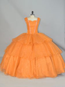 Nice Floor Length Lace Up 15th Birthday Dress Orange for Sweet 16 and Quinceanera with Beading and Ruffled Layers and Ru
