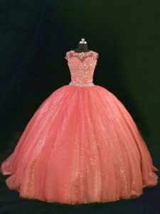 Excellent Orange Lace Up Scoop Beading and Lace Vestidos de Quinceanera Tulle Sleeveless