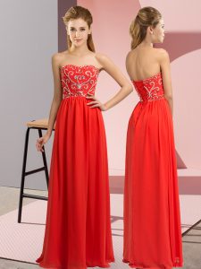 Fashionable Sweetheart Sleeveless Celebrity Dress Floor Length Beading Red Chiffon