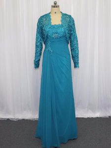 Blue Prom Gown Prom and Party and Military Ball with Lace and Appliques Strapless Sleeveless Zipper