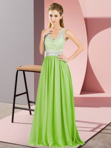 Fashionable Yellow Green Chiffon Zipper Prom Dress Sleeveless Floor Length Beading and Lace and Appliques