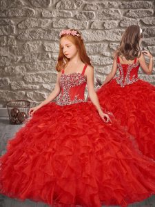 Unique Sleeveless Organza Sweep Train Lace Up Little Girl Pageant Dress in Red with Beading and Ruffles