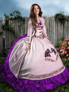 Satin Sweetheart Sleeveless Lace Up Embroidery and Ruffles Quince Ball Gowns in Purple