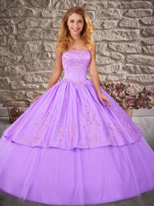 Lavender Ball Gowns Strapless Sleeveless Satin and Tulle Brush Train Lace Up Embroidery Sweet 16 Quinceanera Dress