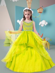 Olive Green Tulle Zipper Little Girls Pageant Gowns Sleeveless Floor Length Beading and Ruffles