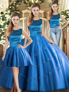Clearance Floor Length Blue Ball Gown Prom Dress Scoop Sleeveless Lace Up