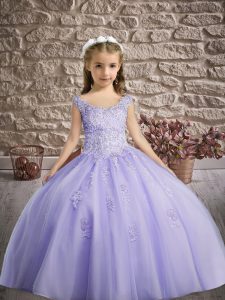 Lavender Tulle Lace Up Little Girls Pageant Gowns Sleeveless Floor Length Appliques