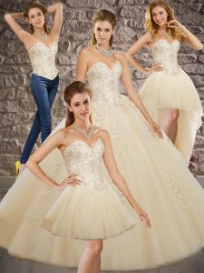 Great Champagne Sleeveless Appliques Lace Up Sweet 16 Dresses
