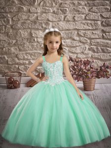 Fancy Sleeveless Tulle Sweep Train Lace Up Glitz Pageant Dress in Apple Green with Appliques