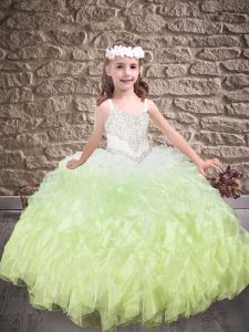 Yellow Green Lace Up Little Girls Pageant Dress Wholesale Beading and Ruffles Sleeveless Sweep Train