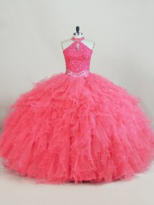 Pink Ball Gown Prom Dress Sweet 16 and Quinceanera with Beading and Ruffles Halter Top Sleeveless Lace Up