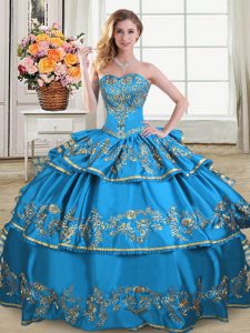 Suitable Blue Sleeveless Embroidery and Ruffled Layers Floor Length Quinceanera Gown
