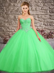 Green Ball Gowns Tulle Sweetheart Sleeveless Beading Lace Up Quinceanera Gown Brush Train