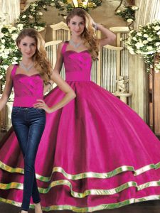 High End Fuchsia Tulle Lace Up Quince Ball Gowns Sleeveless Floor Length Ruffled Layers