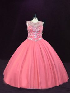 Modern Pink Scoop Neckline Beading Ball Gown Prom Dress Sleeveless Lace Up