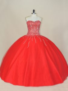 Red Tulle Lace Up Vestidos de Quinceanera Sleeveless Floor Length Beading