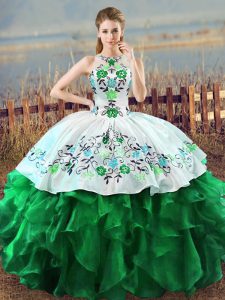 On Sale Sleeveless Floor Length Embroidery and Ruffles Lace Up Quinceanera Gowns with Green