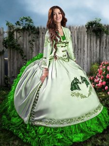 Green Sweetheart Neckline Embroidery and Ruffles Ball Gown Prom Dress Sleeveless Lace Up