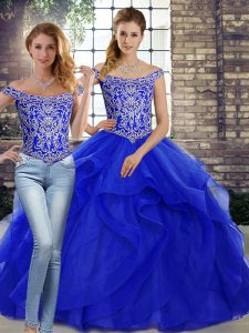 Pretty Royal Blue Quinceanera Dresses Military Ball and Sweet 16 and Quinceanera with Beading and Ruffles Off The Should