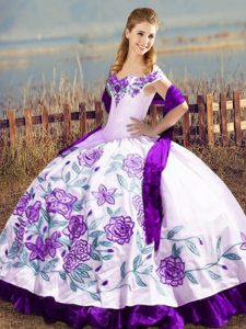 White And Purple Off The Shoulder Neckline Embroidery and Ruffles Ball Gown Prom Dress Sleeveless Lace Up