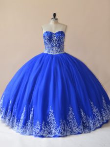 Royal Blue Tulle Lace Up Quinceanera Dresses Sleeveless Floor Length Embroidery