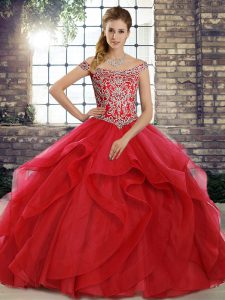 Gorgeous Beading and Ruffles Quince Ball Gowns Red Lace Up Sleeveless Brush Train
