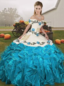 Custom Design Blue And White Organza Lace Up Ball Gown Prom Dress Sleeveless Floor Length Embroidery and Ruffles
