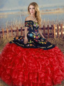 Graceful Off The Shoulder Short Sleeves Lace Up Quinceanera Gown Red And Black Organza
