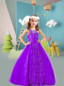 Custom Made Lavender Sleeveless Tulle and Lace Zipper Little Girls Pageant Dress Wholesale for Wedding Party