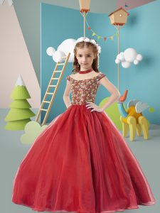 Fancy High-neck Cap Sleeves Zipper Pageant Gowns For Girls Wine Red Tulle