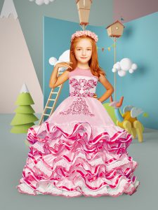 Beauteous Sleeveless Lace Up Floor Length Beading and Embroidery and Ruffled Layers Little Girls Pageant Dress
