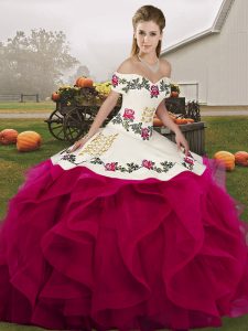 Suitable Fuchsia Off The Shoulder Lace Up Embroidery and Ruffles 15 Quinceanera Dress Sleeveless