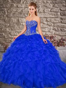 Luxury Organza Sweetheart Sleeveless Brush Train Lace Up Beading and Ruffles Quinceanera Dress in Royal Blue
