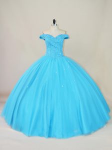 Custom Fit Blue Ball Gowns Beading Vestidos de Quinceanera Lace Up Tulle Sleeveless Floor Length