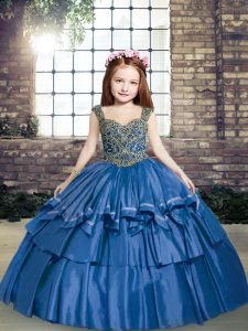 Great Floor Length Blue Pageant Gowns For Girls Straps Sleeveless Lace Up