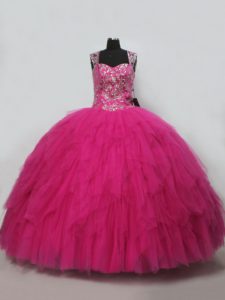 Nice Hot Pink Straps Lace Up Beading and Ruffles Quinceanera Gown Sleeveless