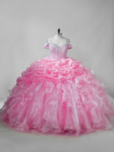 Trendy Beading and Ruffles and Pick Ups 15th Birthday Dress Pink Lace Up Sleeveless Brush Train