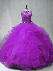 Lace Up Vestidos de Quinceanera Purple for Sweet 16 and Quinceanera with Beading and Ruffles Brush Train