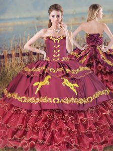 Nice Burgundy Sweetheart Lace Up Embroidery and Ruffled Layers Quince Ball Gowns Brush Train Sleeveless