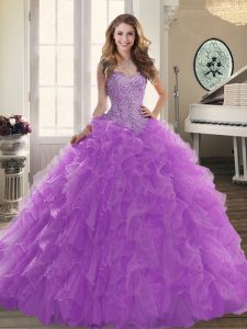 Delicate Beading and Ruffles Sweet 16 Dresses Lavender Lace Up Sleeveless Brush Train