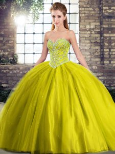 Fashionable Olive Green Ball Gowns Tulle Sweetheart Sleeveless Beading Lace Up Quinceanera Dresses Brush Train