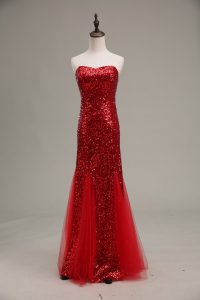 Custom Made Red Sleeveless Tulle and Sequined Zipper Evening Gowns for Prom and Party and Military Ball