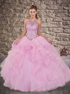 Latest Rose Pink Lace Up Quinceanera Gown Beading and Ruffles Sleeveless Brush Train