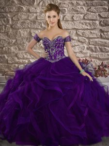 Traditional Purple Sleeveless Tulle Sweep Train Lace Up 15 Quinceanera Dress for Military Ball and Sweet 16 and Quincean