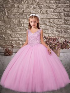 Best Rose Pink Ball Gowns V-neck Sleeveless Tulle Sweep Train Zipper Beading Pageant Dress Womens