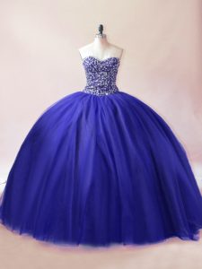 Fitting Royal Blue Ball Gowns Beading 15th Birthday Dress Lace Up Tulle Sleeveless Floor Length