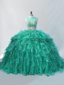 Turquoise Two Pieces Beading and Ruffles Sweet 16 Dresses Zipper Organza Sleeveless